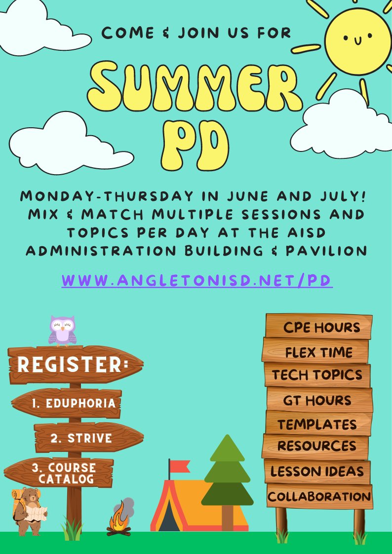 AndrewEDUTX's tweet photo. We *camp* believe summer PD is almost here for @AngletonISD staff. We wood love for you to get fired up and hike over to https://t.co/1masmmF3i7 and see what courses have a po-tent-tial to strike up a match with you.  If you can't 🐻 any more puns, I'll save s'more for later. https://t.co/oZ3xtFYRD4