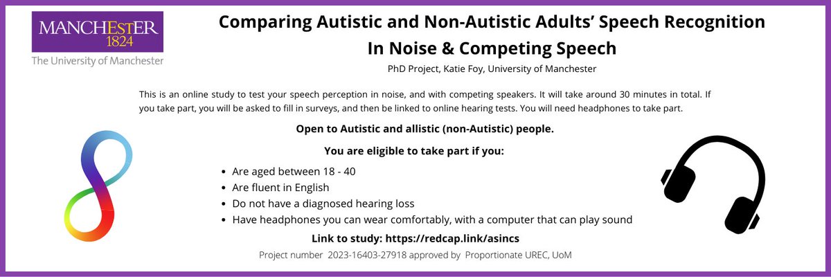 Open now: Comparing Autistic and Non-Autistic Adults' Speech Recognition In Noise and Competing Speech. 

(Online only):  redcap.link/speechinnoise
#AskingAutistics #AutisticVoices #AutisticLed #AutisticsInAcademia #Neurodiversity