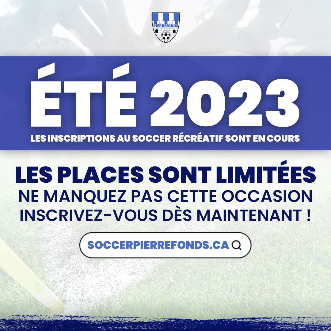 SoccerPfds's tweet photo. INSCRIPTION AU SOCCER RÉCRÉATIF-ÉTÉ 2023
Un petit rappel que les inscriptions sont en cours pour la saison estivale 2023. Si vous n’êtes pas encore inscrit, visitez notre page Programmes sur notre site Web : https://t.co/4xQUSMuwFs https://t.co/QEl3MVUody