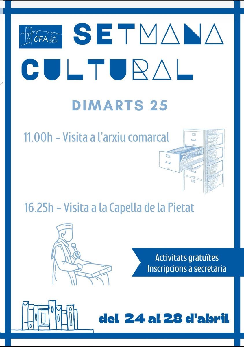 CFALaSeu's tweet photo. Demà, segon dia de setmana cultural al CFA la Seu d'Urgell. Aquests són els actes programats. Us hi esperem. https://t.co/tbf8TIvkIR