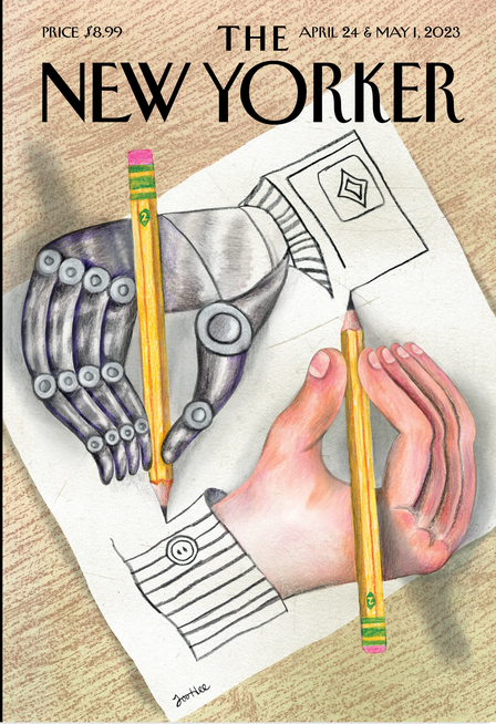 Sensacional a nova capa da The New Yorker. É o tipo de sacada genial que vai da forma ao conteúdo pois aborda o assunto desde o processo (as IAs criam a partir de outras criações) até a própria questão. O desenho de JooHee Yoon também levanta a pergunta: quem desenhou quem?