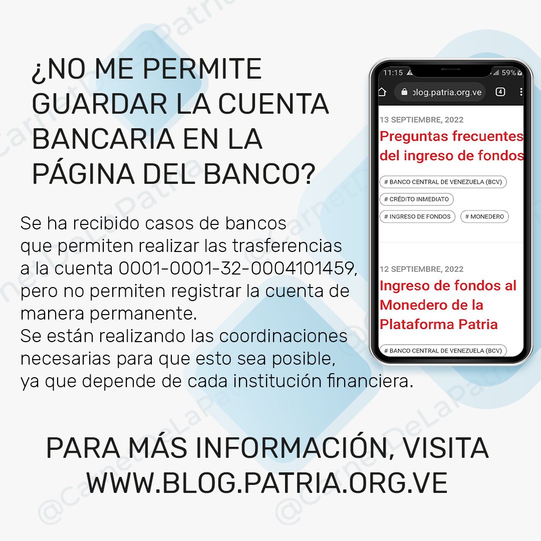 CarnetDLaPatria's tweet photo. #DeInterés El #SistemaPatria ofrece respuestas a tus preguntas más frecuentes, acerca del ingreso de fondos al Monedero de la #PlataformaPatria. 

Más información aquí: 
👉 https://t.co/vVDV0OiqJC

#ALBAEsNuestramerica #24Abr https://t.co/hP5gw7Evqs