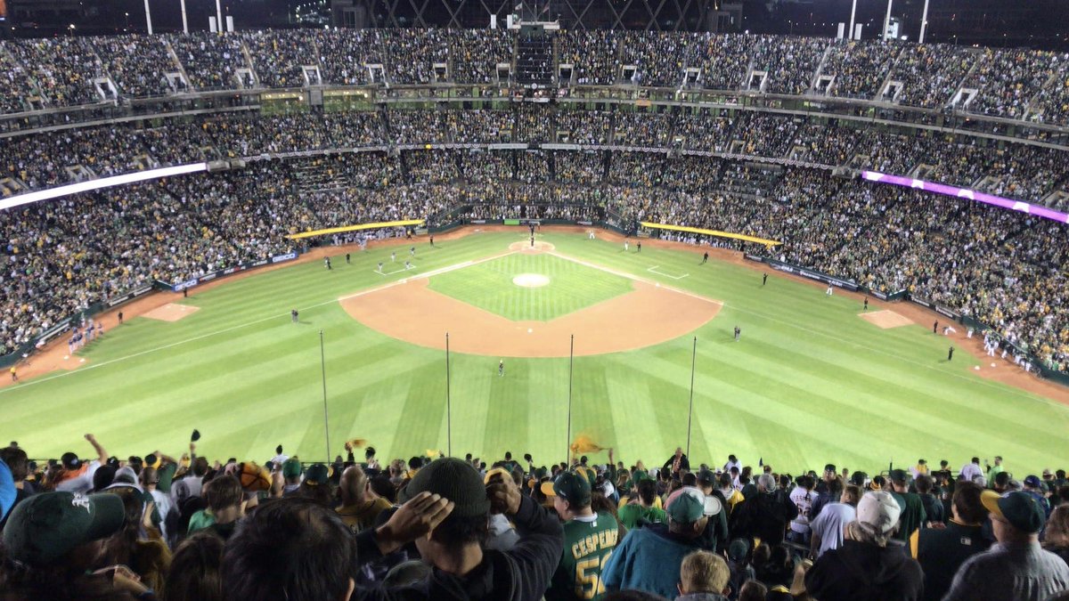 metta_world_mat's tweet photo. ‘BuT tHE a’S hAVe nO FaNS’ 

Some pics I took from the second to last row of Mount Davis @ the 2019 Wild Card Game #Athletics 

John Fisher and @DaveKaval are LOSERS https://t.co/AWdlzk4e98