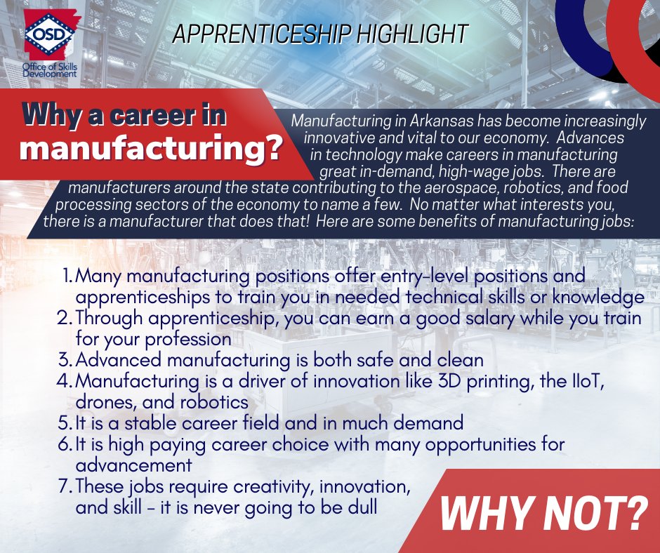 ArkansasOSD's tweet photo. Want a career working in an innovative culture, with the latest technology, and worldclass leadership?  Check out apprenticeships in manufacturing, it may be just the thing for you!  https://t.co/VEiTHEdR4n #ARapprenticeship #WhyManufacturing, #ARpx #ARpx https://t.co/f65JvCcW38