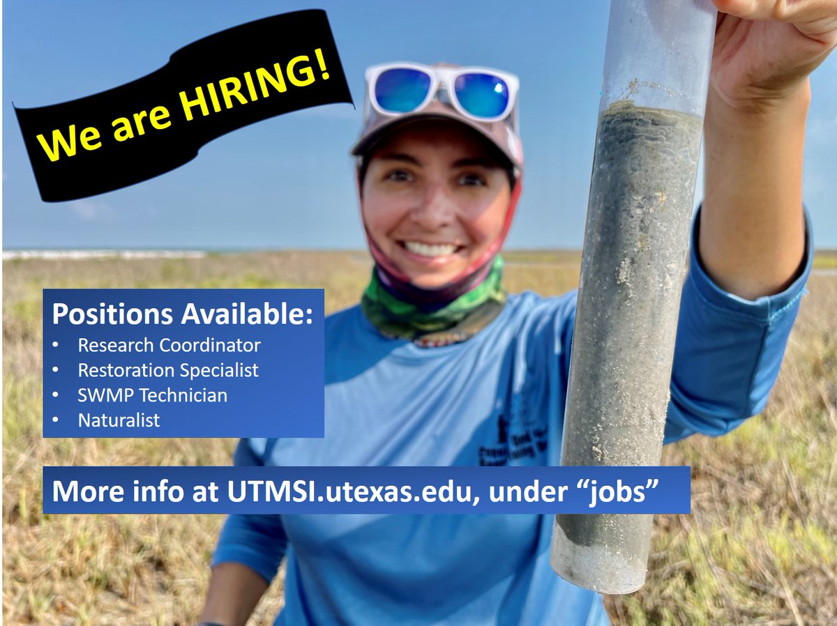 We are hiring 4 new positions!

A Research Coordinator, a Research Assistant, a Restoration Specialist, and a Naturalist. If you would like to look at more detail about these jobs and/or apply, click this link: utmsi.utexas.edu/hr/employment-…