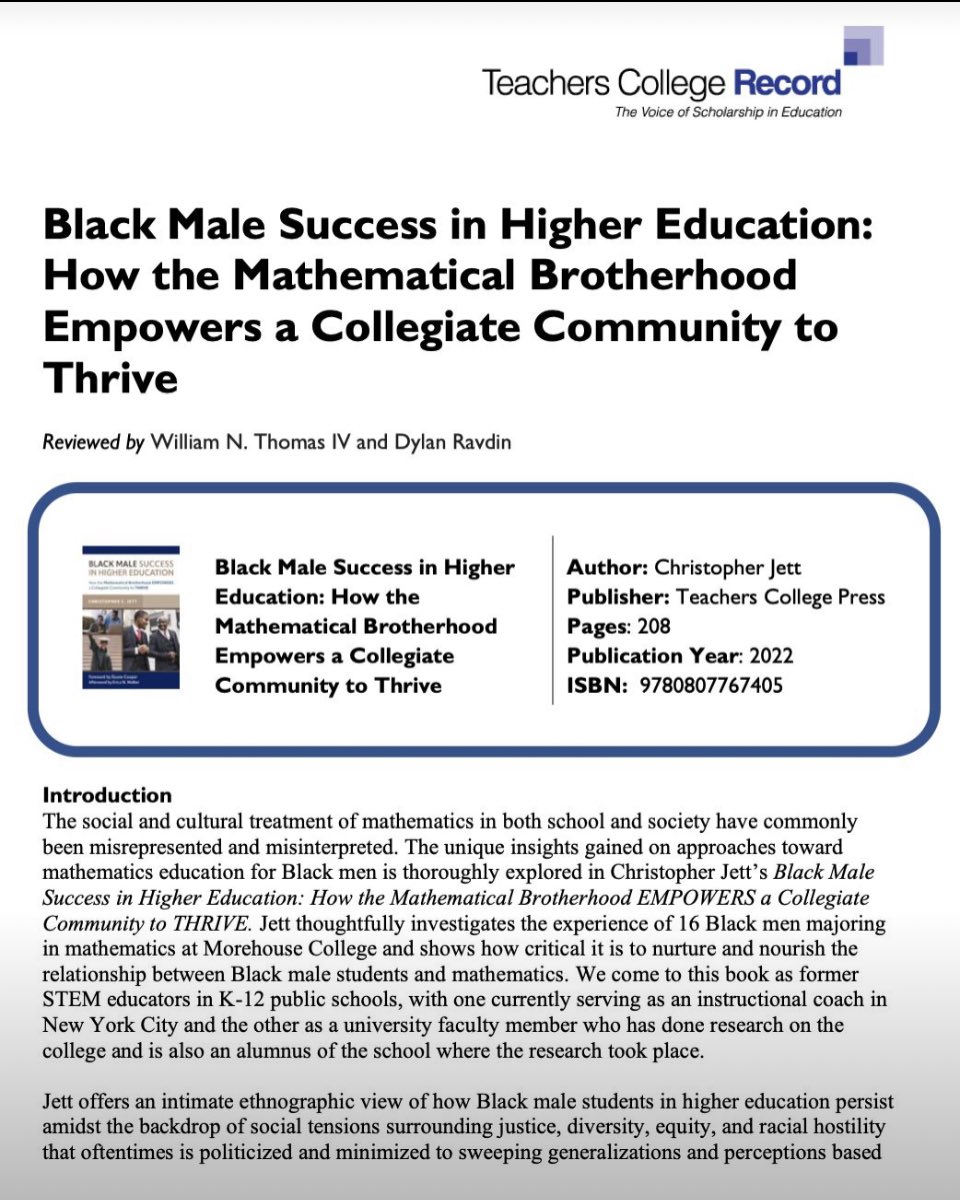 glyphgraf's tweet photo. Check out my FIRST book review done with my Research Assistant and NEW doctoral student at American University Dylan Ravdin! The book, by Christopher Jett, is a great read about the Morehouse College Math Program and how we can support Black men in STEM!

https://t.co/etjew0Rjah https://t.co/F2PXsqgyb4