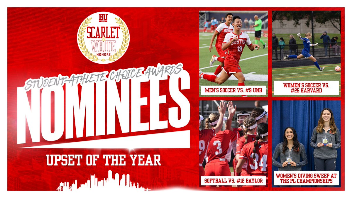 This year's Scarlet &amp; White Honors will take place in exactly one week!

Over the next five days we'll be unveiling all of the nominees for the Student-Athlete Choice Awards.

First up, Upset of the Year!

<a href="/TerrierSoftball/">BU Softball</a> <a href="/TerrierSwimDive/">BU Swimming & Diving</a> <a href="/TerrierMSOC/">BU Men's Soccer</a> <a href="/TerrierWSOC/">BU Women's Soccer</a>

#BUSWH