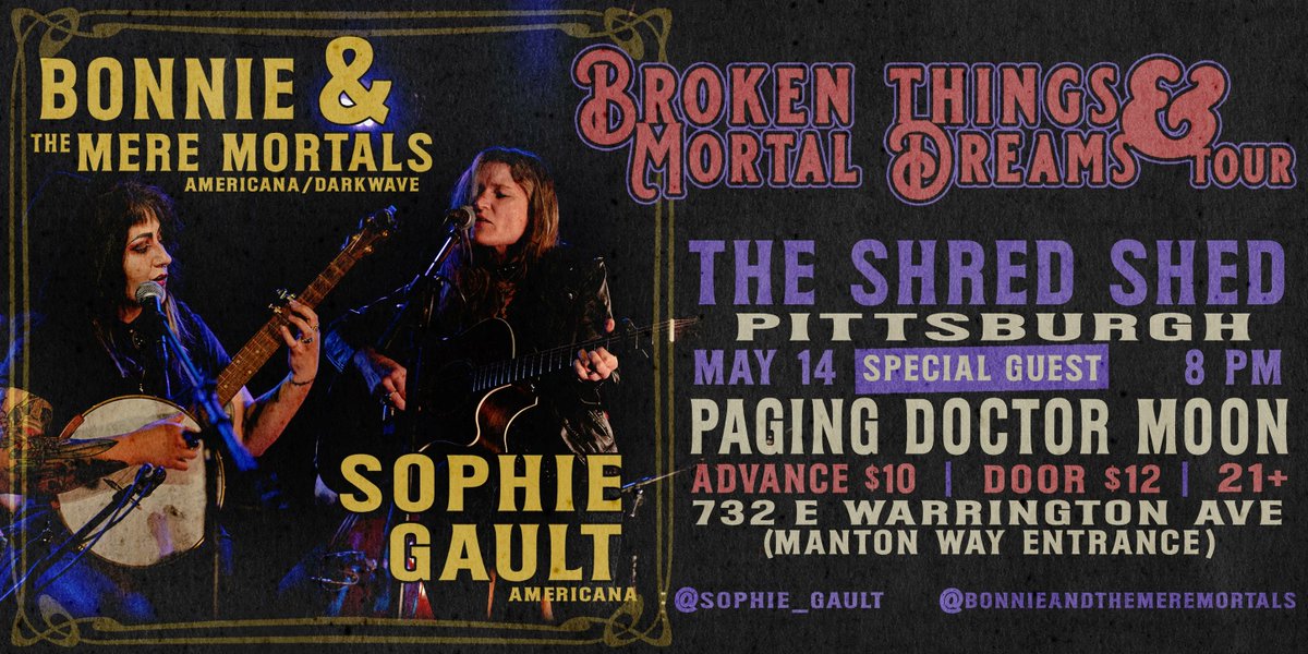 Sunday May 14th 2023 | SOPHIE GAULT X BONNIE & THE MERE MORTALS X PAGING DOCTOR MOON @ THE SHRED SHED Concert at Shred Shed at 8PM $10 #ShredShed #Goth #Rock #pittsburgh arcane.city/events/4085 facebook.com/events/5307570…