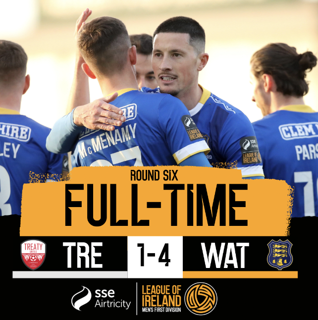 LeagueofIreland's tweet photo. RESULT | SSE Airtricity Men's First Division

A Ronan Coughlan hat-trick and a Ryan Burke goal help Waterford to a fifth successive win 👏

#LOI | #TREWAT https://t.co/Mktkj3ZcDd