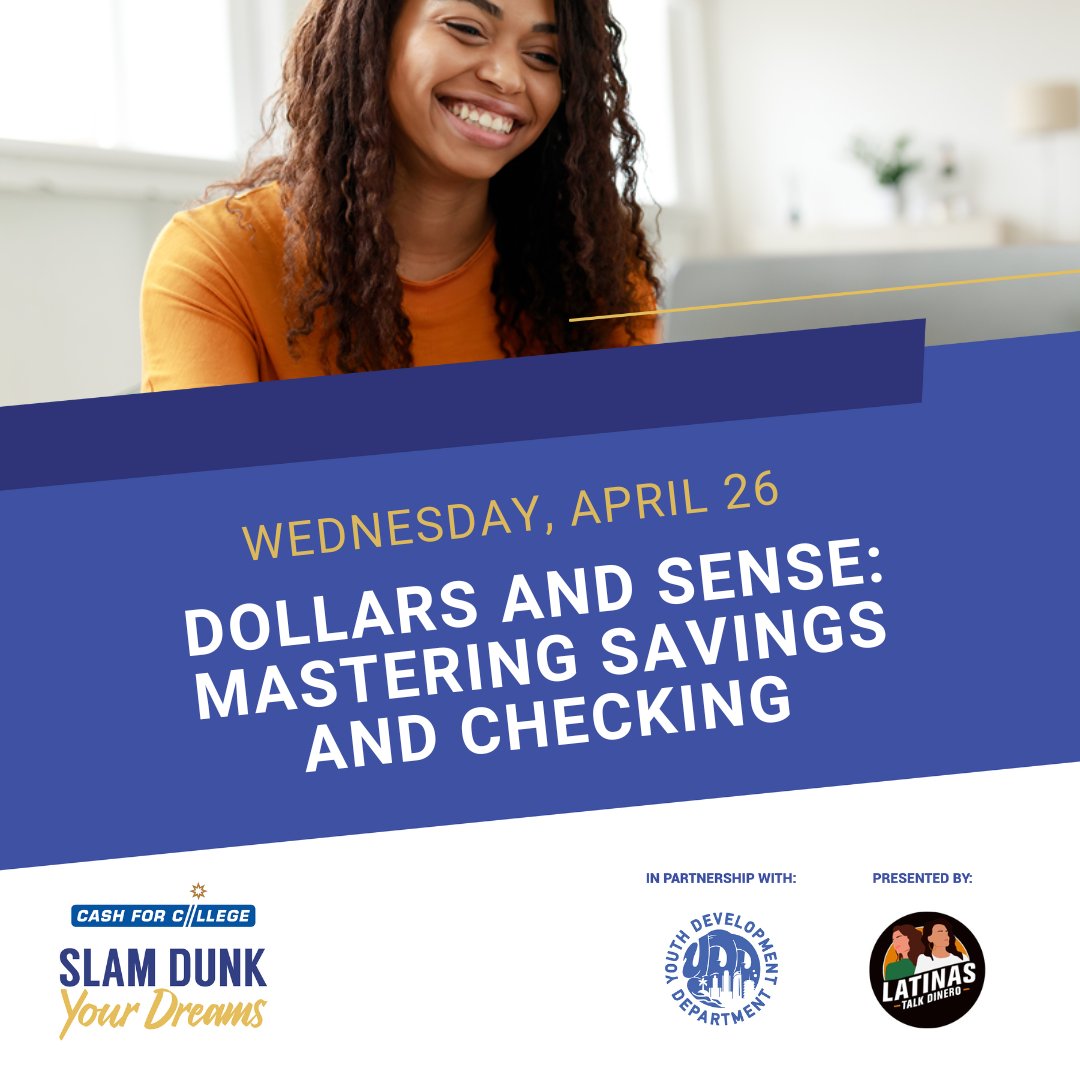 lacash4college's tweet photo. Make the most of your money & learn about different #SavingMethods, #CheckingAccounts & #budgeting to boost your financial game 💰. Join our speaker, Alejandra Magana Gamero, co-founder of Latinas Talk Dinero, virtually on April 26. Register for free: https://t.co/CSpz82IulL https://t.co/nKRlImXdkO