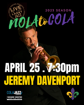 Koger Center and @ColaJazzScene present Live in the Lobby Jazz: Jeremy Davenport! New Orleans trumpeter and vocalist, Jeremy Davenport, is the epitome of the modern day crooner and swooner. Join us on Tuesday, April 25 at 7:30 p.m. Tickets: buff.ly/41pfhho.
