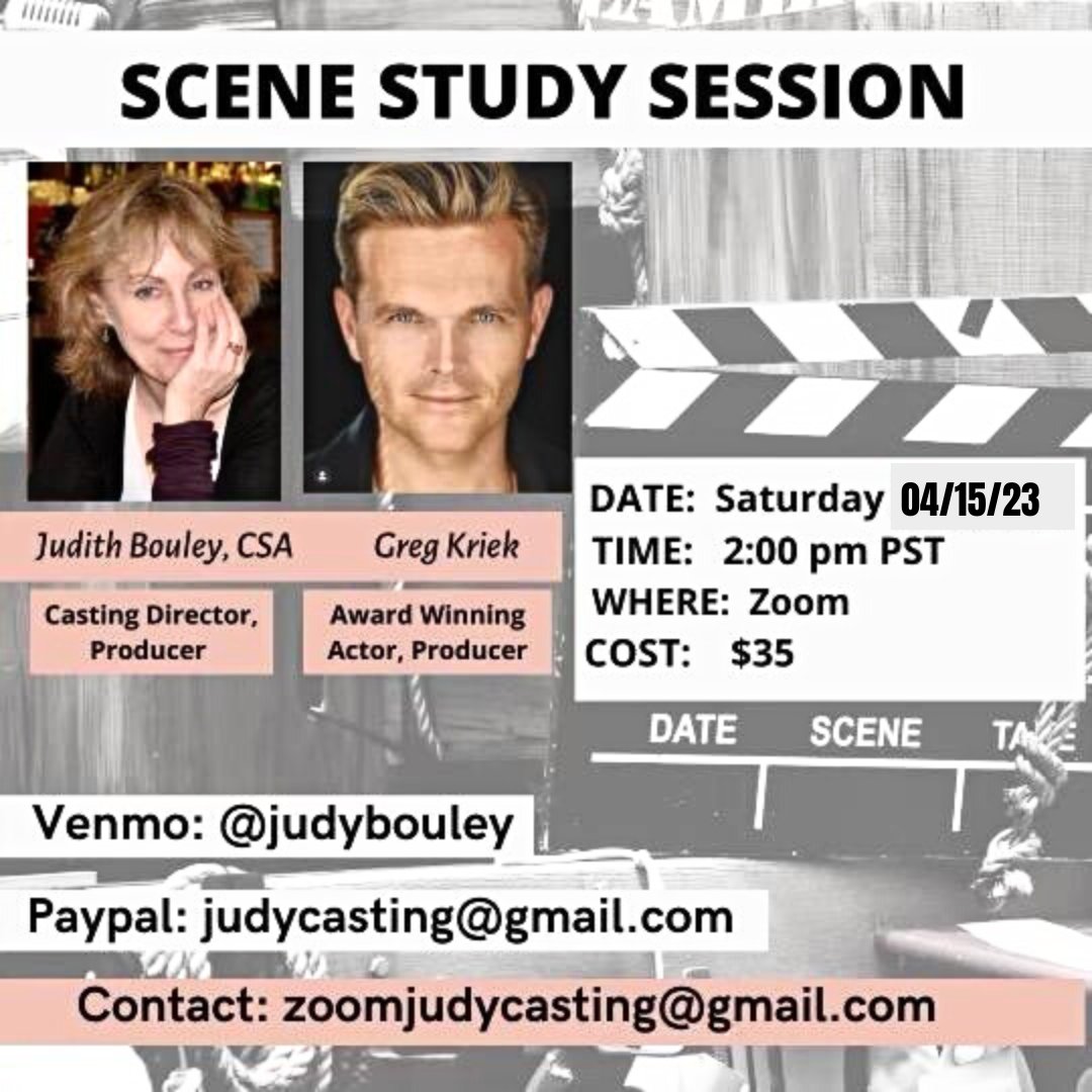 JBouleyCasting's tweet photo. Judy and award winning actor and producer Greg Kriek will be hosting a Zoom scene study session this coming Saturday April 29th at 2pm PDT/5pm EDT. Saturday sessions are only $35 and you can email zoomjudycasting@gmail.com to sign up. See you in the Zoom room! https://t.co/zcYD84QPkx