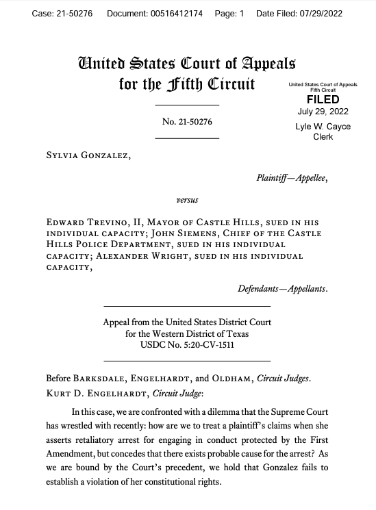 pjaicomo's tweet photo. When Sylvia sued, the 5th Cir. (conceding a #CircuitSplit) granted #QualifiedImmunity to the officials who retaliated against Sylvia. It held that they were allowed to arrest for her #FirstAmendment activity because they had probable cause. 3/
https://t.co/hIgh0spXQ0 https://t.co/ZbT3yKfjrm