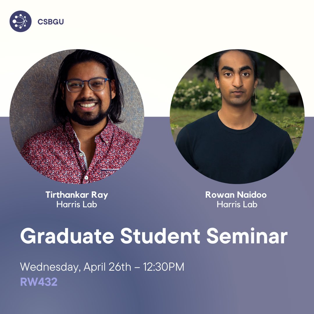 CSBGSU's tweet photo. Join us for our last Graduate Student Seminar event for the academic year next Wednesday, April 26th at 12:30 PM in RW432. 

Our presenters will be Rowan Naidoo of the Harris lab and Tirthankar Ray of the Harris lab! 

Pizza, drinks, and coffee will be provided ✨ https://t.co/KK5DxhZiGu