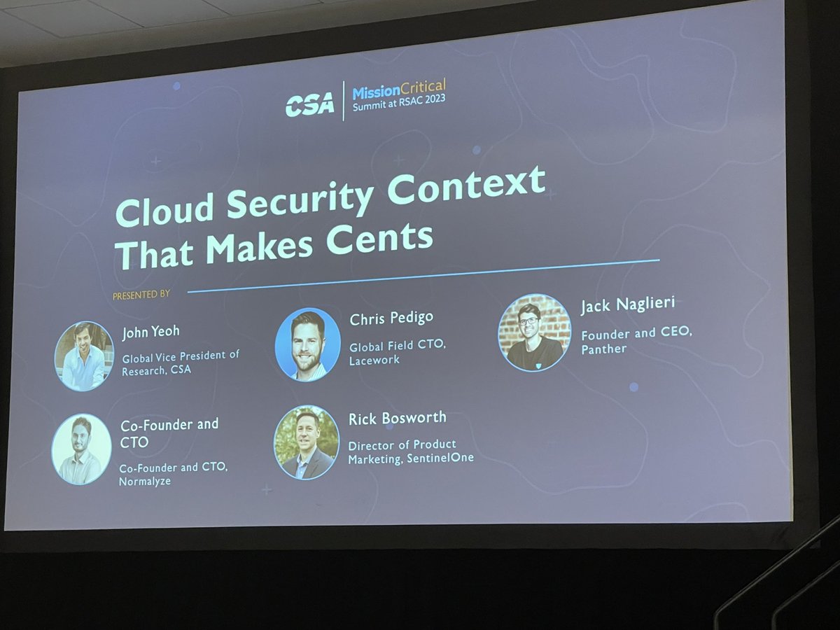 TimTang4Retail's tweet photo. Jack Naglieri Panther, Chris Pedigo @Lacework, Ravi Ithal @normalyze_ai, Rick Bosworth @SentinelOne John Yeoh Cloud Summit Alliance speak on “Cloud Security Context that makes Cents”#CSASummit #RSAC #RSAC2023 https://t.co/BlXZ0B8tuL