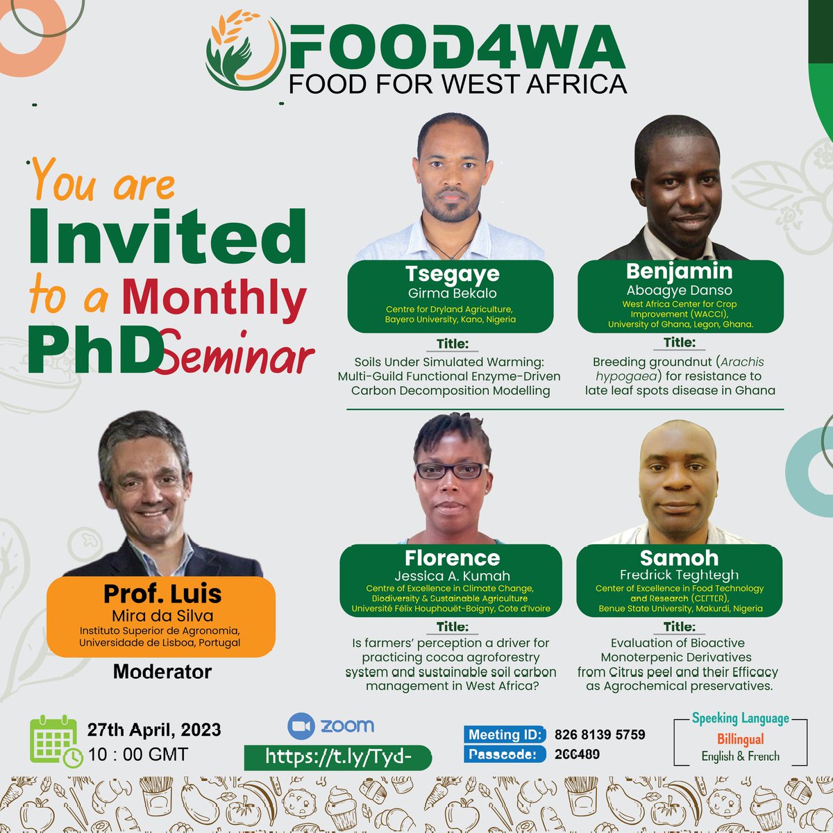Food4wa's tweet photo. You are all invited to a virtual Monthly PhD seminar featuring four PhD students from four diffrent Centers of Excellence impact in Africa.

1. Tsegaye - CDA
2. Samon - CEFTER
3. Benjamin - WACCI
4. Florence - CCBAD

 #foodsecurity #agriculture #aceimpact #food4wa #PhDseminar https://t.co/FmkHkJYRKE