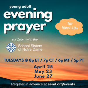 School_Sisters's tweet photo. It's not too late for young adults ages 18+ to register for our online evening prayer tomorrow (Tuesday) at 8 p.m. ET/7p.m. CT. Join in prayer together with sisters and other young adults from across the U.S. and Canada! Learn more and register at https://t.co/91x4lBRpQz https://t.co/KMwbJNpOqk