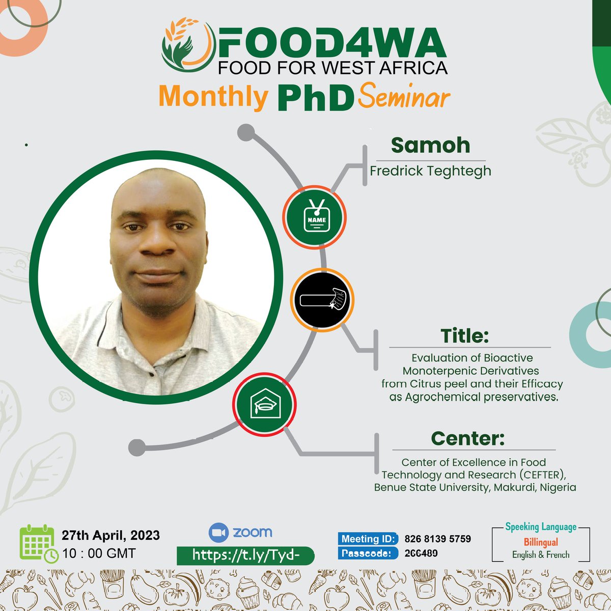 Food4wa's tweet photo. We are please to Introduce Samon Fredrick Teghtegh from Center for Excellence in Food Technology and Research (CEFTER), Benue State University, Makurdi, Nigeria.

#food4wa #foodsecurity #agriculture #food https://t.co/6Y4k1GXs64