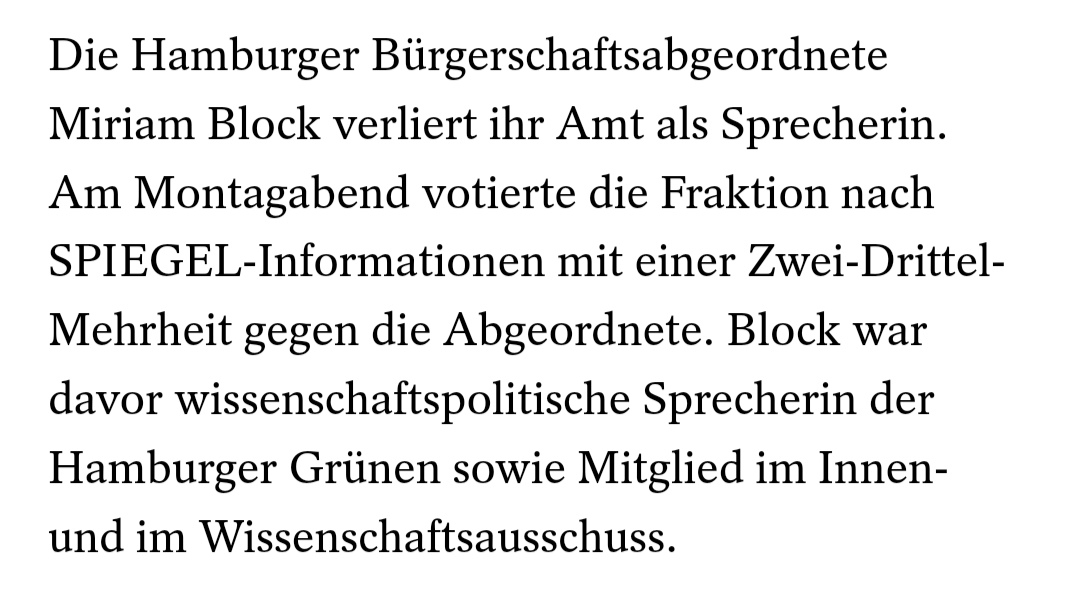 die grünen abgeordnete miriam block wird von ihrer fraktion dazu gedrängt ihre ämter niederzulegen weil sie entgegen der fraktionslinie für den antrag der linken gestimmt hat einen nsu untersuchungsausschuss einzurichten

die grünen sind keine antifaschistische partei