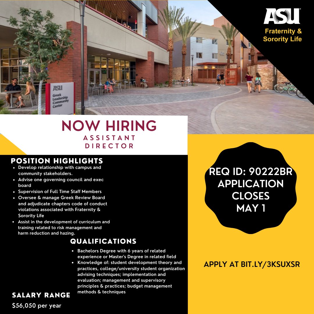 Join our FSL Team! We are hiring for a Assistant Director and Community Director to work with our  Greek Leadership Village and FSL Team.