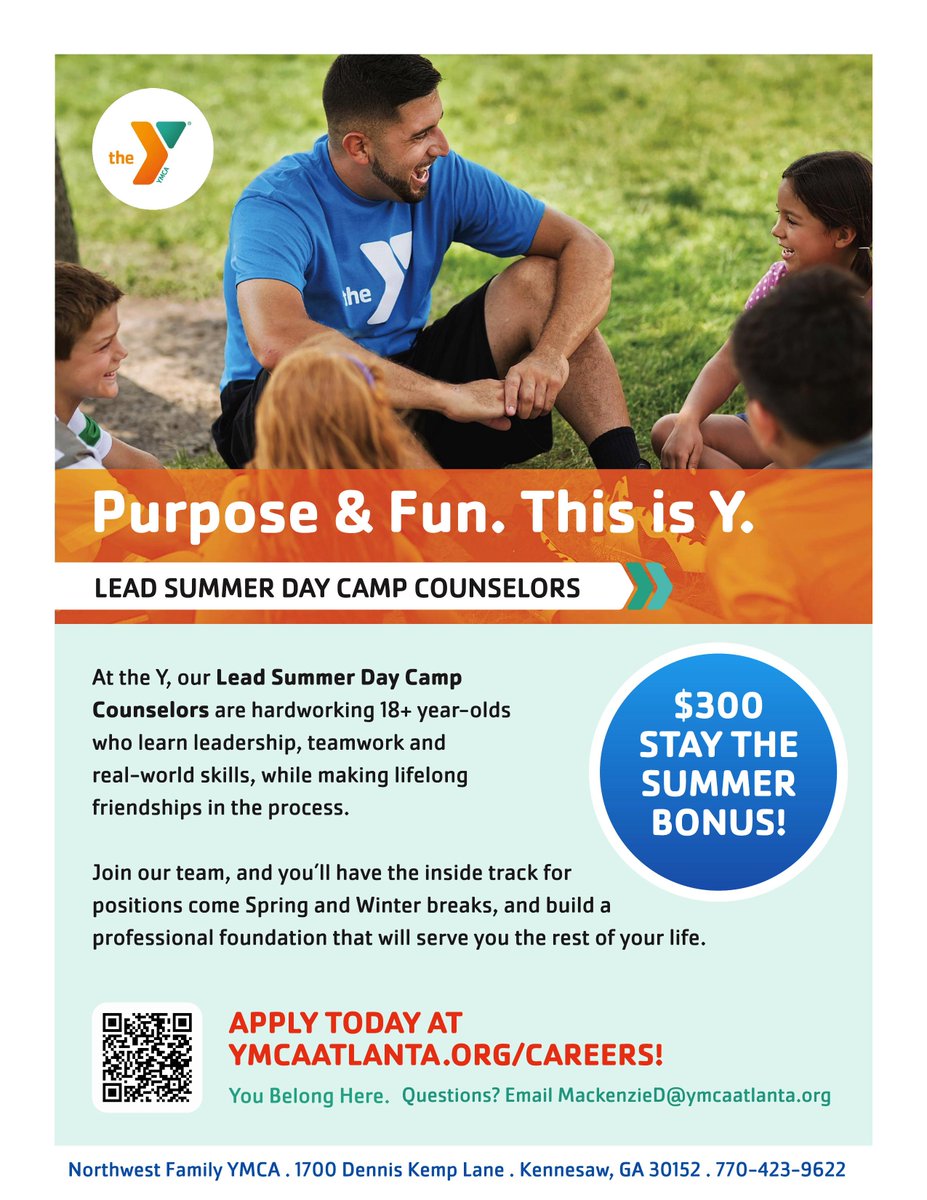 ymca_northwest's tweet photo. Looking for a fun and engaging job during the summer? Apply today to be a Lead Summer Day Camp Counselor!

There is a $300 stay the summer bonus and a $300 refer-a-star bonus.

Apply online at https://t.co/wrko398YR1

For questions, contact MackenzieD@ymcaatlanta.org https://t.co/mAr8ObWrtR