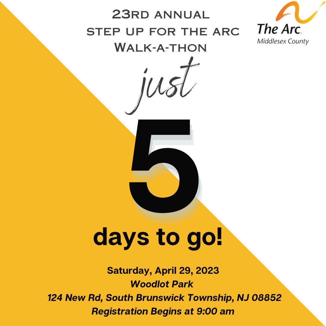 thearcmiddlesex's tweet photo. We are just 5 DAYS AWAY from The 23rd Annual Step Up For The Arc Walk-A-Thon! Please register on our event website (link in bio).

Happy Walk-A-Thon Week to everyone! Thank you for supporting The Arc Middlesex County! We look forward to seeing you at the event!

#walkathon https://t.co/nC9a7uZmjV