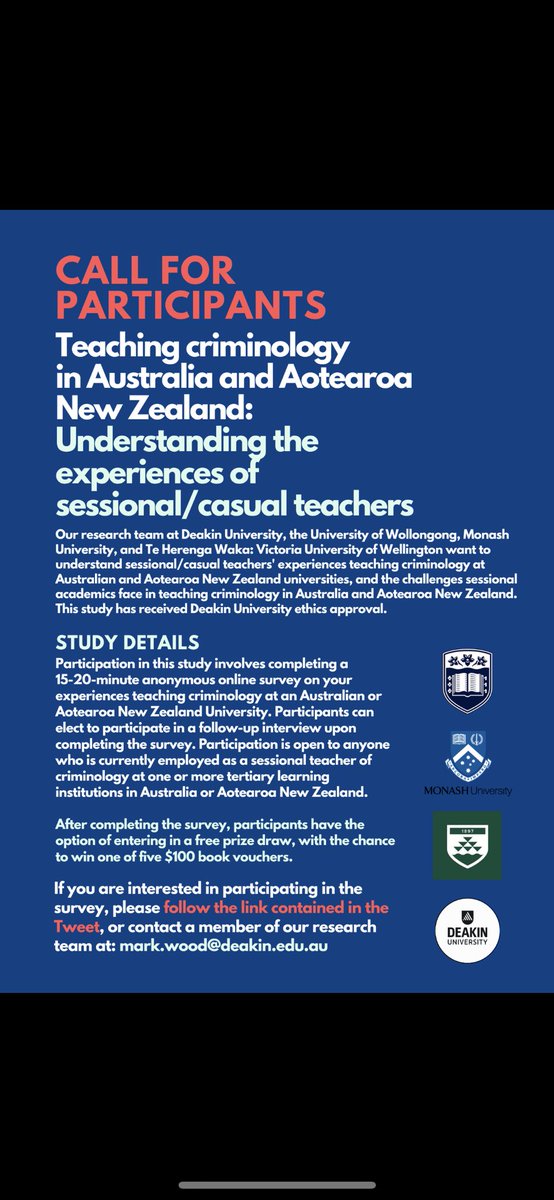 Miss_Keene's tweet photo. We’re looking to understand tutors/sessional/casual teachers’ experiences of teaching criminology at universities across Australia and Aotearoa. Please consider sharing your views by taking part in our survey - you can find the link to the survey here: https://t.co/GwTZzL62zI https://t.co/P4xusHvg34