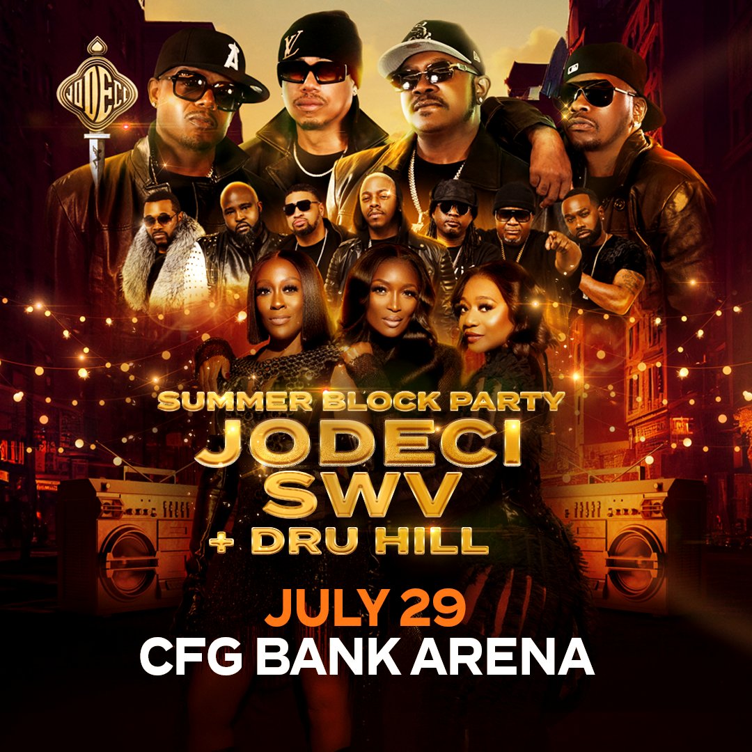 CFGBankArena's tweet photo. SUMMER BLOCK PARTY IS BACK!! #SummerBlockParty is coming to CFG Bank Arena on July 29 with an incredible lineup that features @jodeci, @officialswv, and @druhill4real.
We can't wait to see everyone singing and dancing all summer long. Tickets on sale Friday. #MoreVibes https://t.co/MYueYSgE6T