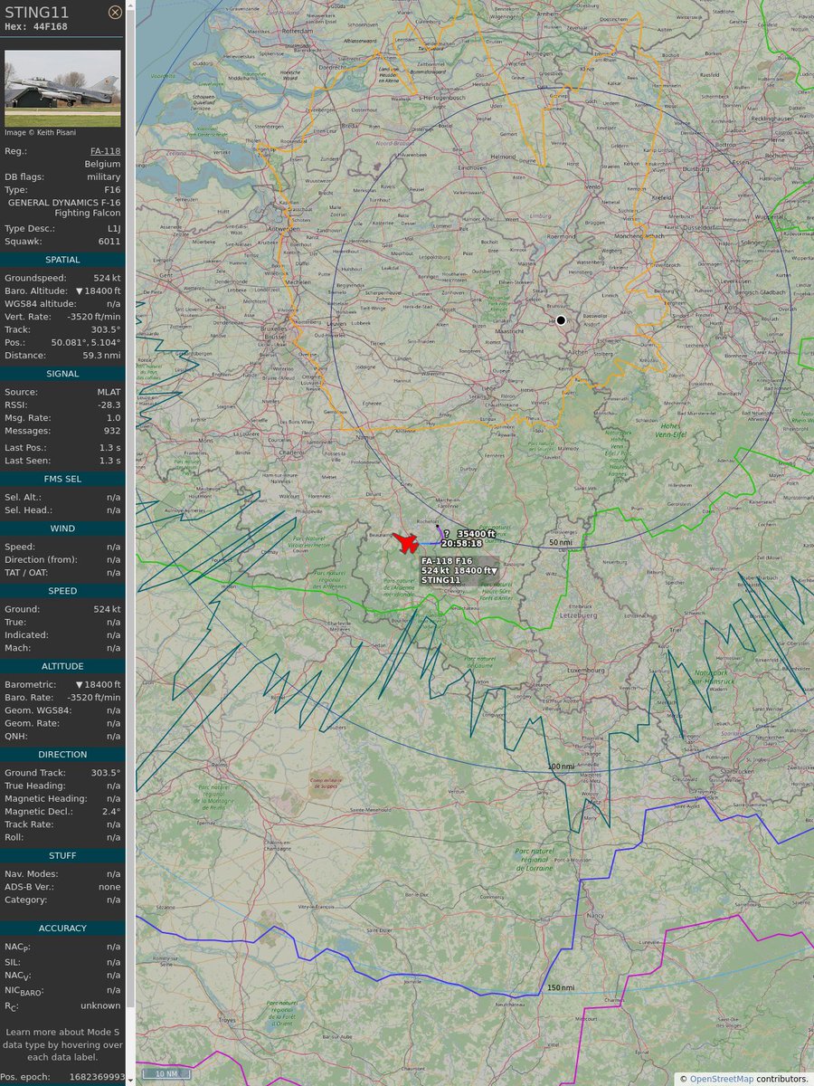 AboveHeerlen's tweet image. #PlaneAlert ICAO: #44F168 Tail: #FA118 Flt: #STING11 
Owner: #BelgianAirComponent
Aircraft: #F-16 Fighting Falcon
2023/04/24 22:59:08
#F16 #Mil #YouJustLostARefinery #FighterJet #Luchtcomponent #OtherAirForces youtu.be/DyruzLjVwbc?t=… 
globe.adsbexchange.com/?icao=44F168&amp;amp;s…