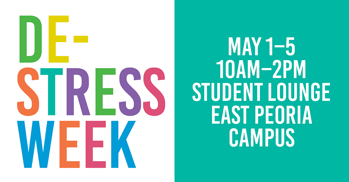 IllinoisCentral's tweet photo. Need a break from studying? Come to #DeStress Week
May 1-5 | 10aβ2p | East Peoria Campus, Student Lounge
+unwind
+stress management techniques
+fun events
+activities
+free snacks
+giveaways
See the schedule: https://t.co/l5K3yxopiB
#DeStress #myICC #SelfCare https://t.co/qDpRypD0CQ