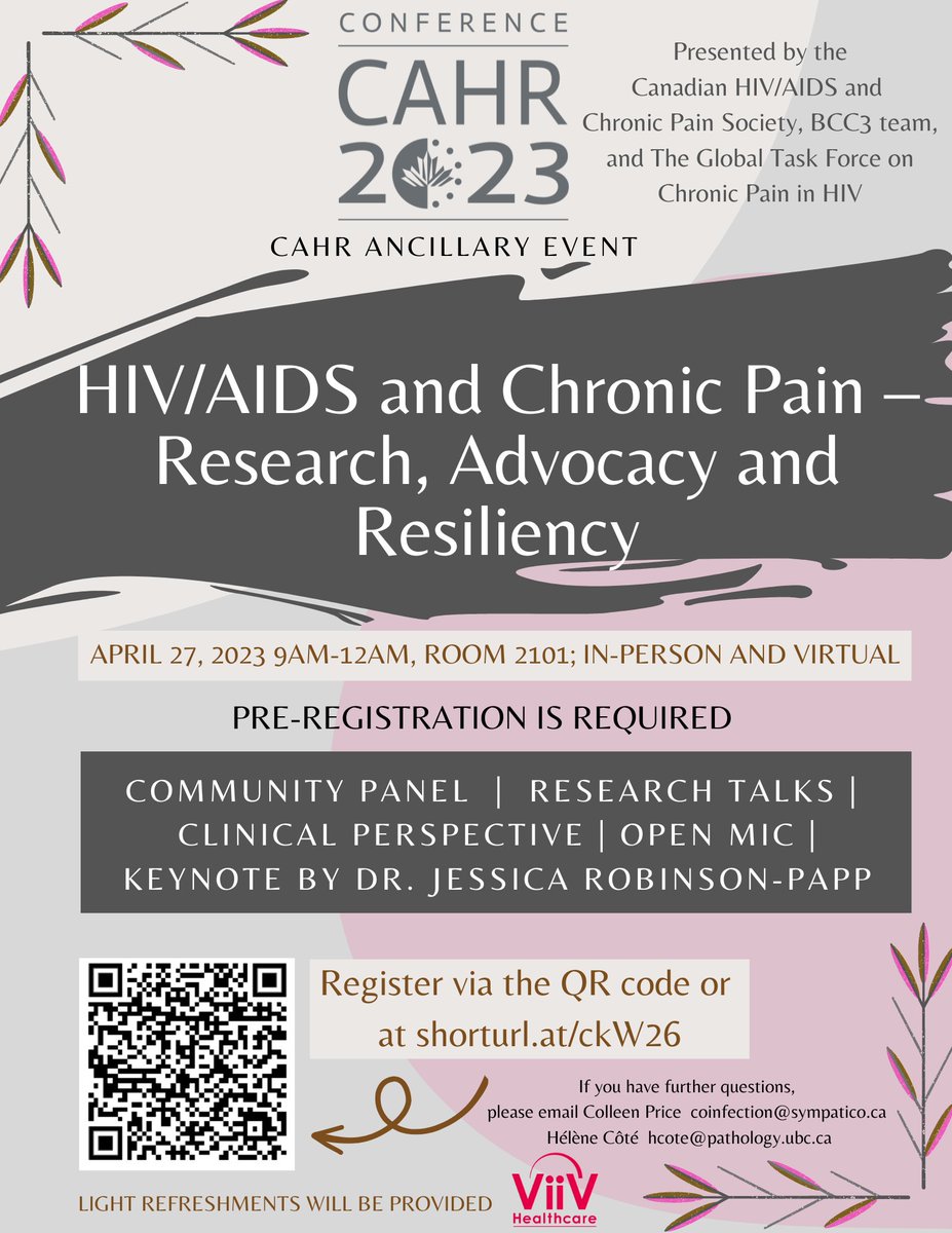 There's still  time to register for our ancillary event at #CAHR2023 to learn more about chronic pain in #HIVresearch, advocacy, and resiliency! This will take place on Thursday 27 April. 

Register here to attend in person or virtually (open to public): shorturl.at/ckW26