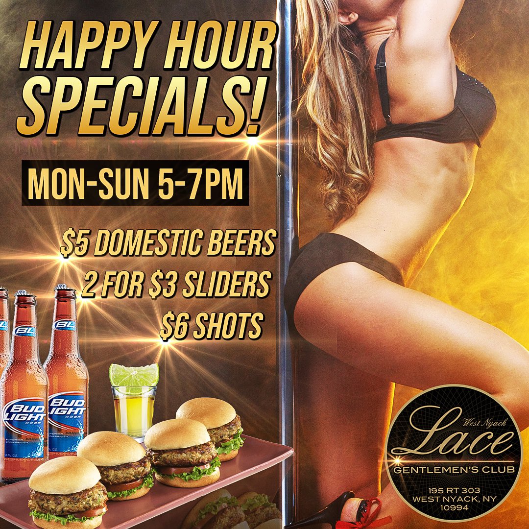 Lacewnyack's tweet photo. It’s the happiest time of the day! #HappyHour Specials from 5-7PM Mon-Sunday! Come for the snacks and booze, stay for a dance or two!💋

🍺 $5 All Domestic Beers
🍔 2 for $3 Burger Sliders
🥃 $6 Shots

#Lace #StripClub #GentlemensClub #NYClub #WestNyack #NYClubs #poledance #nsfw https://t.co/lUQUodJ1dj