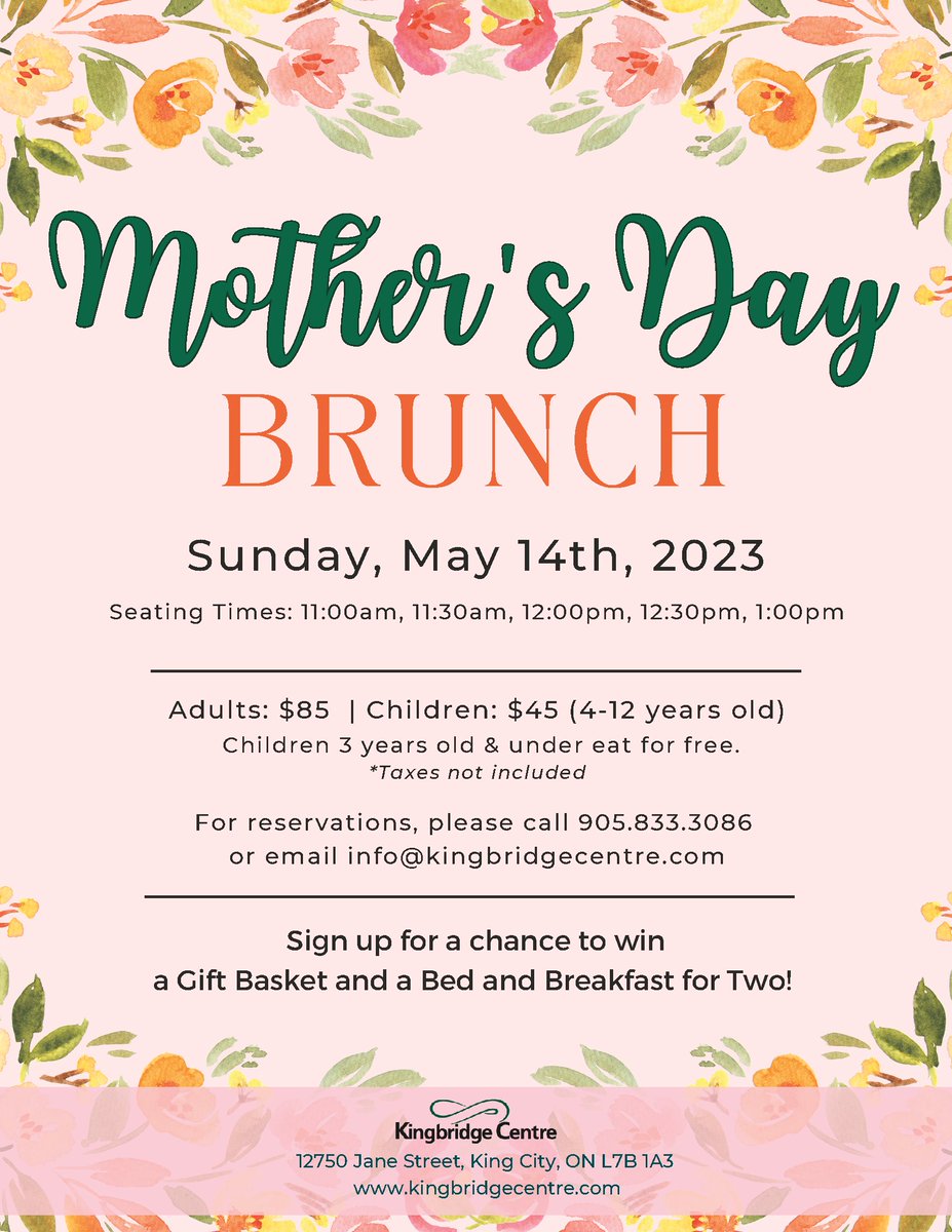 ShopKING_Twp's tweet photo. Celebrate Mom with a beautiful #MothersDay Brunch at the @KingbridgeC on Sun., May 14. Seating times between 11am - 1pm. Book your table by phone 905-833-3086 or email info@kingbridgecentre.com. More info: https://t.co/YswBQpa4Ce

#ShopKING #shoplocal #celebratemom  #KingTownship https://t.co/E4w25V5Y8c