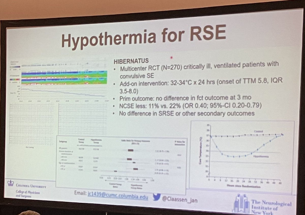 C109 at AAN Status Epilepticus Update: <a href="/claassen_jan/">jan claassen</a> to a rapt audience. Treat SE quickly and don’t underdose. Increasingly refractory➡️target additional mechanisms. HIBERNATUS showed no functional improvement at 3mo with ❄️❄️, but sig lower NCSE on EEG. Great talk!
