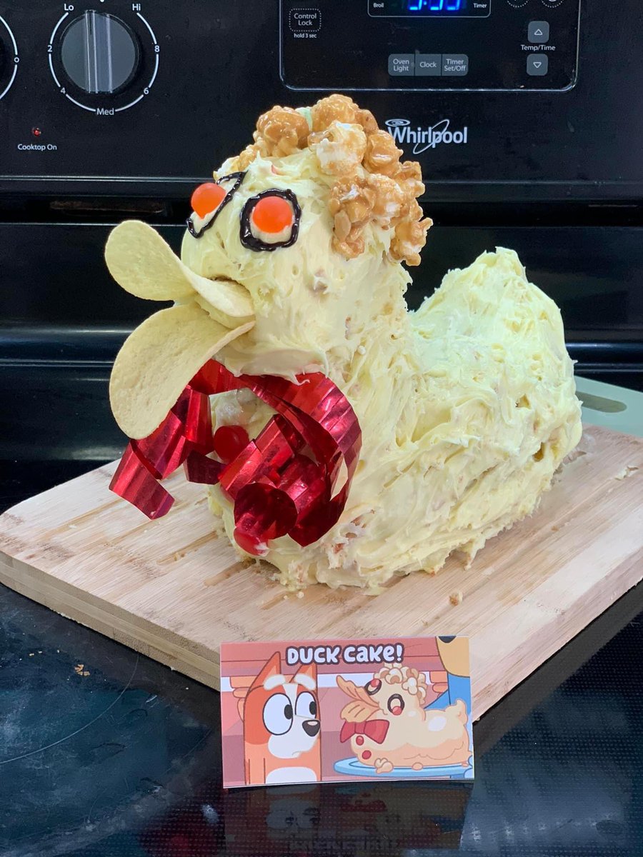 WatchingBluey's tweet photo. Well Blueyverse, this Bandit and his Chilli can officially say we made it through our 6 year oldโs Bluey themed birthday party! Filled with Poffertjes, Pass the Parcel, German Sausages, Bob Bilbys & tons more, you know I had to bust out my attempt at a #duckcake! #looksabitbodgy https://t.co/AfAboBswKO