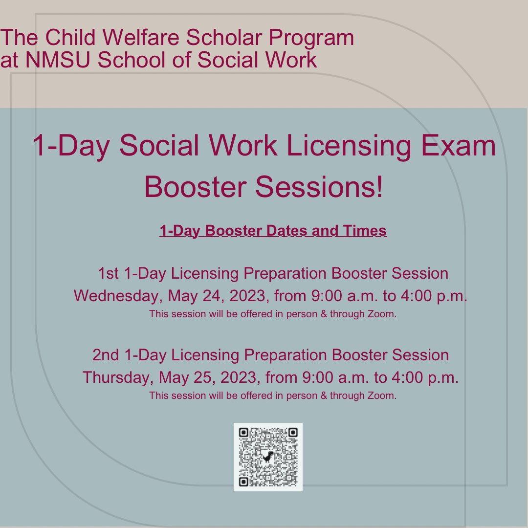 nmsu_cwsp's tweet image. Registration for our 1-Day Social Work Licensing Booster Sessions is now open!! Contact Erica Tontodonati at ericat@nmsu.edu for more information. #nmsocialworkers #LBSW #LMSW #LCSW
