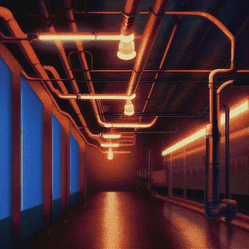 A dimly lit corridor, with strange blue panels to the side... what could that humming be? And how did you get here?
A small digital illustration, with 16 colors.
#art #digitalart #pixelart
