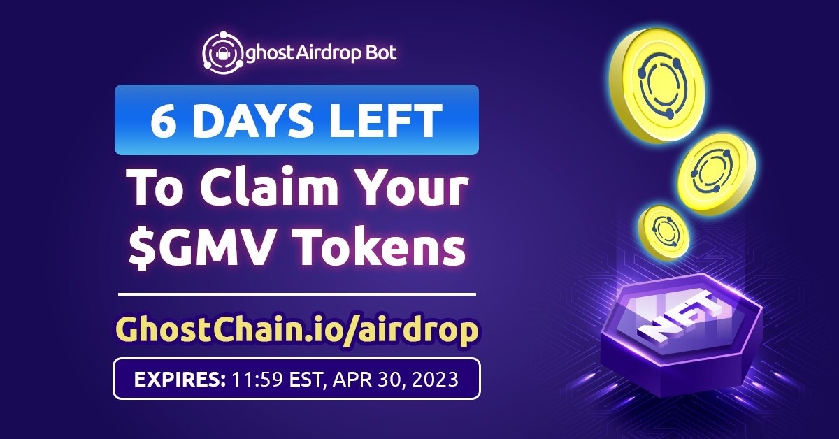 realGhostChain's tweet photo. 🚨GHOST APRIL SWAP - #GMV points earned though #ghostAirdropBot MUST be claimed by Apr 30, 2023 to receive on-chain $GMV tokens👻

Claim your $GMV tokens:
🔗https://t.co/ScNJBxOmHW

6 Days LEFT!⌛️

#Airdrop #AirdropAlert #GiveawayAlert #AirdropCrypto #DeFi #NFTFI #GameFi #Web3 https://t.co/tUWSglSk8u
