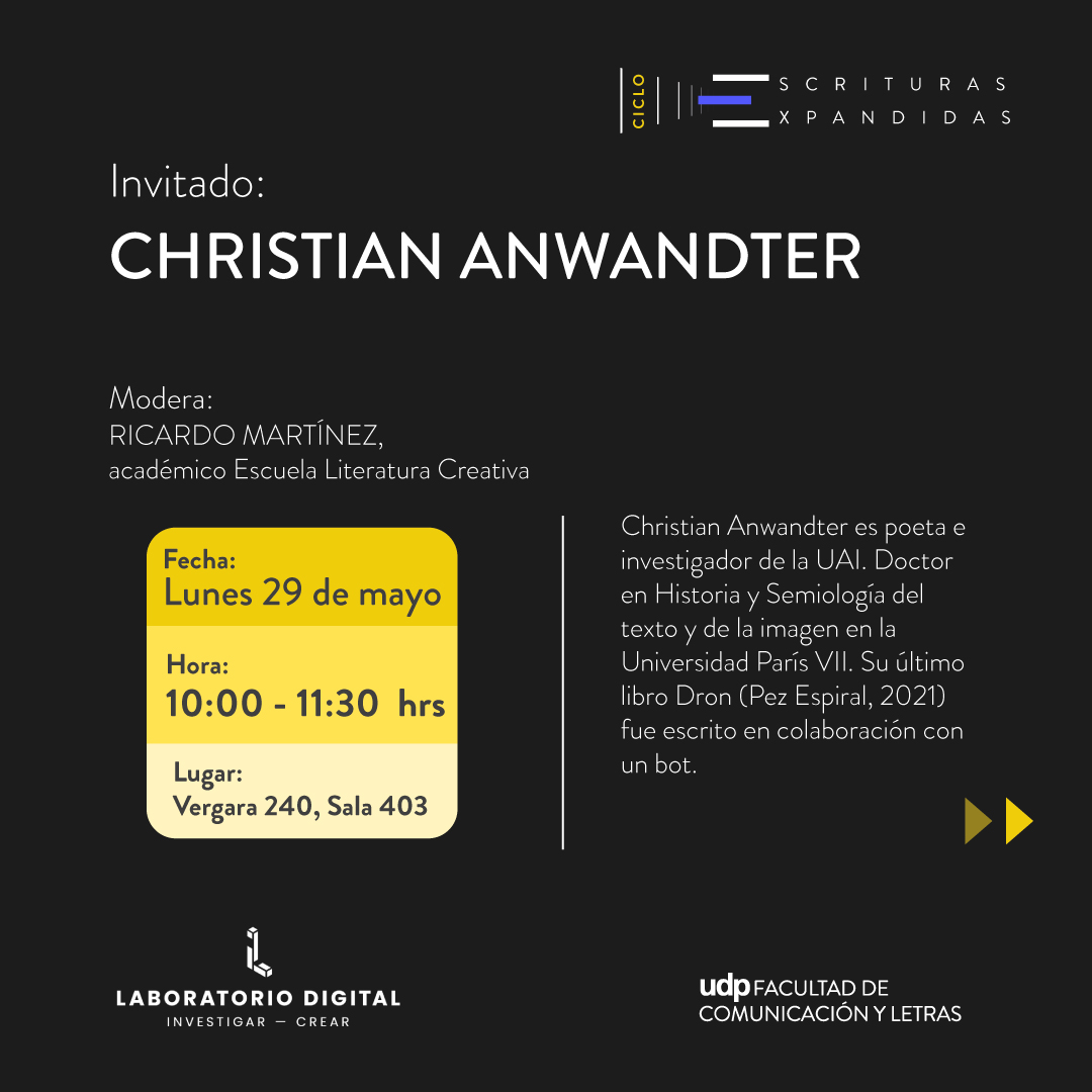 DigitalLabUDP's tweet image. AGENDA 🗓 Ciclo de conversaciones “Escrituras Expandidas” 

📚En el contexto del mes del libro y de la I Feria del Libro UDP  iniciamos la próxima semana el Ciclo “Escrituras Expandidas” que busca construir un espacio de diálogo con obras, artistas y proyectos multimediales.