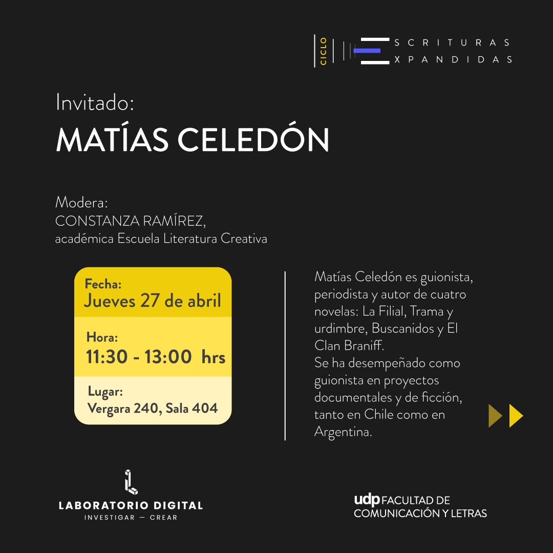 DigitalLabUDP's tweet image. AGENDA 🗓 Ciclo de conversaciones “Escrituras Expandidas” 

📚En el contexto del mes del libro y de la I Feria del Libro UDP  iniciamos la próxima semana el Ciclo “Escrituras Expandidas” que busca construir un espacio de diálogo con obras, artistas y proyectos multimediales.