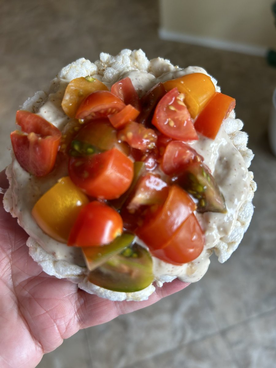 SourdoughSusie's tweet photo. Fast, easy and totally delish lunch PLUS it’s gluten free. Rice cake with garlic hummus and sliced tomatoes on top. #GlutenFree #FastLunch #EatingHealthy https://t.co/MIoJCsQJbK