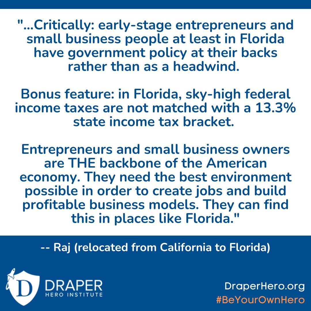 💯 "Critically: early-stage #entrepreneurs &amp; #smallbusiness at least in #Florida have government policy at their backs rather than as a headwind."

📦Recently relocated to a more entrepreneur/innovation-friendly state or country? We want to hear why: forms.gle/1nrhrjvaTVqVK6…