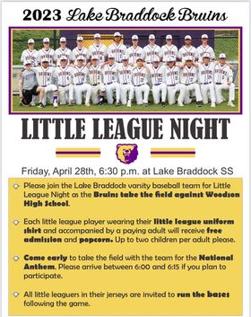 Little League⚾️night with <a href="/BraddockBall/">Lake Braddock Baseball</a> 

🗓️Friday April 28, 6:30pm

Free 🍿🍿🍿🍿🍿🍿
<a href="/wsllbaseball/">West Springfield Little League (WSLL)</a>  <a href="/ANSLL/">ANSLL</a> <a href="/CSLL1/">Centr Sprgfld LL</a>