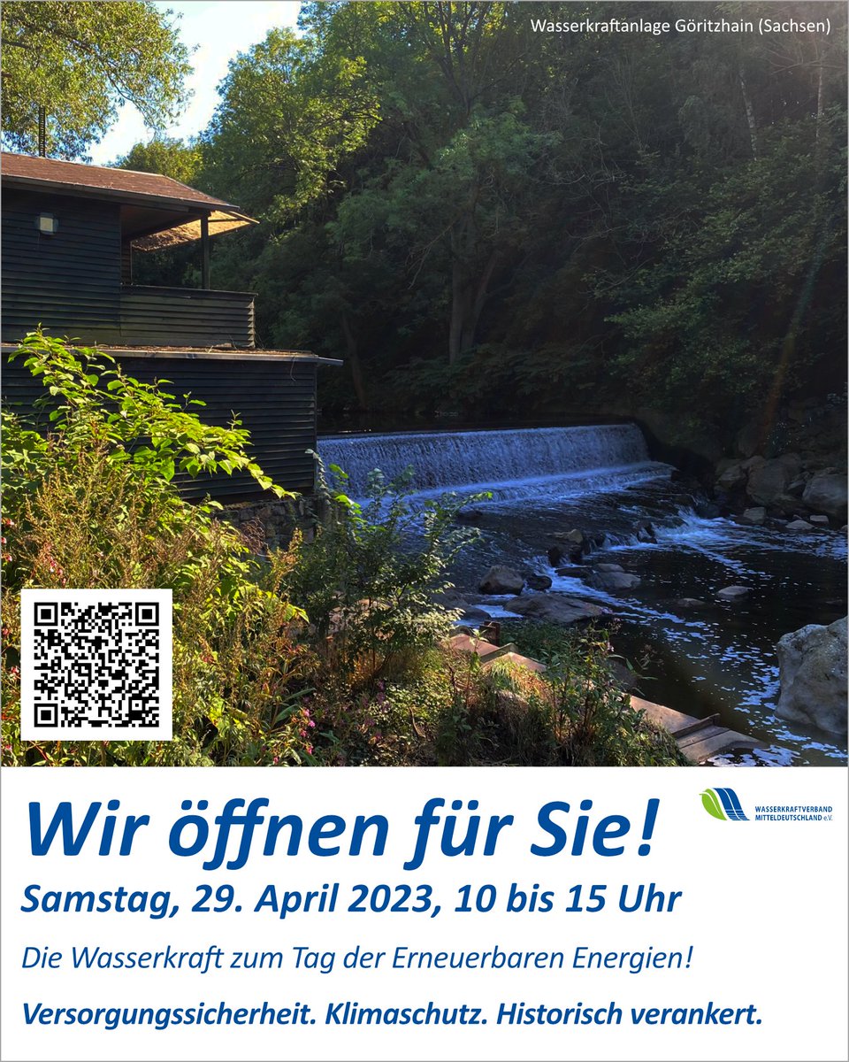 WasserkraftVerb's tweet photo. Auch in diesem Jahr, nämlich am 29. April 2023, wird in vielen Einzelaktionen erlebbar gemacht, dass die #Energieversorgung auf der Basis #Erneuerbarer #Energien funktioniert und #Wasserkraft einen wichtigen Beitrag dazu leistet.
#TdEE #TdEE2023 #Sachsen
https://t.co/A0UNU9BgP9 https://t.co/B56dIa2u4L