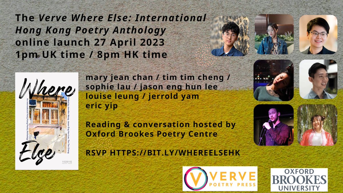 Coming up this Thurs 27 April: an online launch of Where Else: an International Hong Kong Poetry Anthology, with <a href="/maryjean_chan/">Mary Jean Chan</a>, <a href="/timtimtmi/">tim tim cheng 🐸 (she/they)</a>, Sophie Lau, Jason Eng Hun Lee, Louise Leung, Jerrold Yam &amp; <a href="/metapheric/">Eric Yip</a>, with intro by <a href="/jennywcreative/">Jennifer Wong (she/her)</a>. To register: bit.ly/whereelsehk