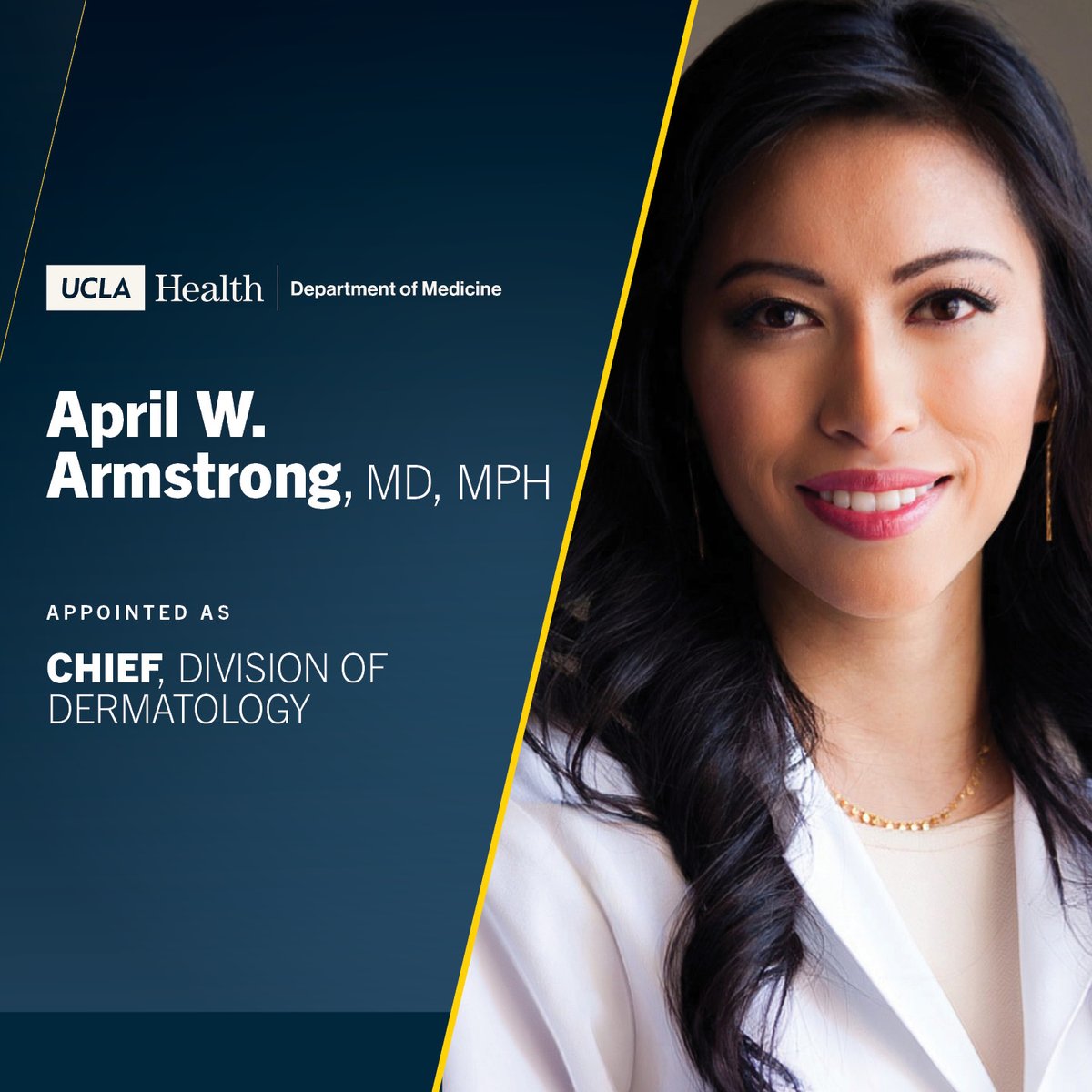 Department of Medicine at UCLA Health (@dom_ucla) on Twitter photo Join us in welcoming April W. Armstrong, MD, MPH, who has been appointed chief of the division of dermatology in the <a href="/DOM_UCLA/">Department of Medicine at UCLA Health</a>. Learn more about Dr. Armstrong and her role at bit.ly/3N9VDl2. Join us in welcoming April W. Armstrong, MD, MPH, who has been appointed chief of the division of dermatology in the <a href="/DOM_UCLA/">Department of Medicine at UCLA Health</a>. Learn more about Dr. Armstrong and her role at bit.ly/3N9VDl2.