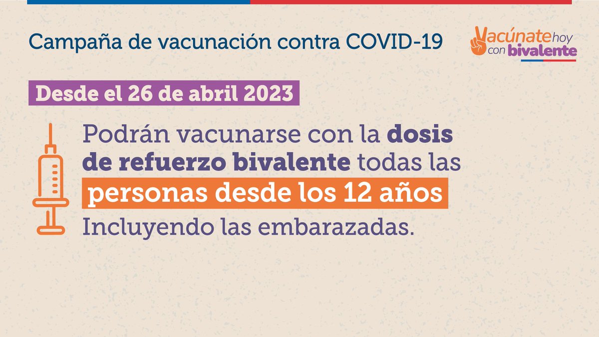 ministeriosalud's tweet photo. ✅ Se amplía el grupo priorizado para acceder a la vacuna bivalente contra #COVID_19
📅 Desde el miércoles 26 de abril podrán recibir la vacuna bivalente las personas de 12 años o más que tengan su esquema inicial completo o dos dosis de refuerzo 

#YoMeVacuno ✌️ https://t.co/0VyeCWY9qH