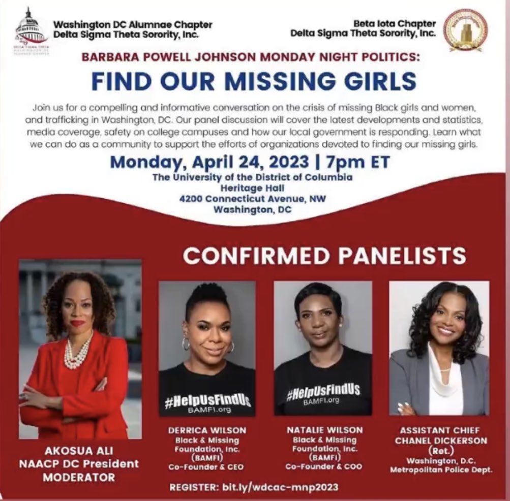 Starts at 7pm TONIGHT. Hear about the crisis of missing Black girls and women and what must be done to address it. At UDC Heritage Hall. Open to all!
