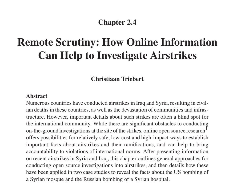 trbrtc's tweet image. Looking forward to see this book being published, with contributions by amongst others @BenDoBrown, @KAlexaKoenig, @im_PULSE, @AricToler. In my chapter, I delve into the potential of online information to aid investigations into airstrikes that may have caused civilian harm.