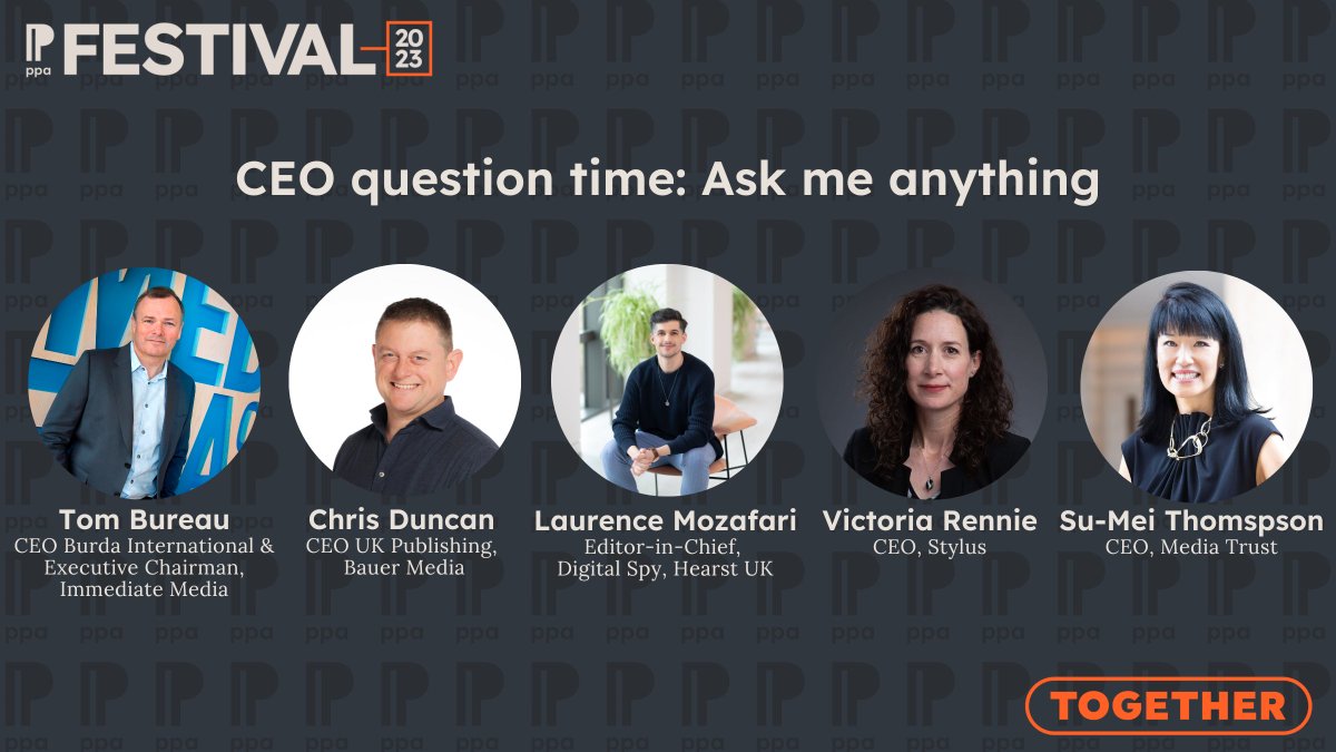 Counting down to CEO QT at tomorrow's PPA Festival! My fellow CEOs &amp; I will share what keeps us up at night &amp; what most excites us about the next 18 months. We'll also discuss trends for Product, Audience &amp; People, &amp; what it means to be future ready <a href="/PPA_Live/">PPA</a> <a href="/Media_Trust/">Media Trust</a>